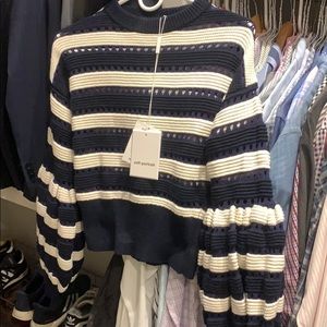 Self-portrait balloon sleeve sweater in navy/white